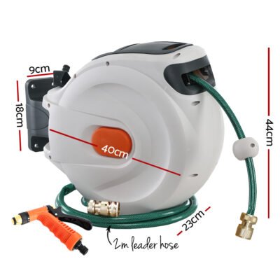 Greenfingers Retractable Hose Reel 30M Garden Water Brass Spray Gun Auto Rewind - Image 2