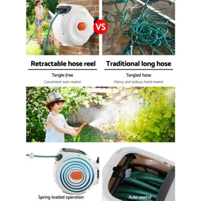 Greenfingers Retractable Hose Reel 30M Garden Water Brass Spray Gun Auto Rewind - Image 4