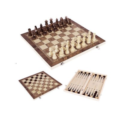 3 IN 1 Wooden Chess Set Folding Chessboard Wood Pieces Draughts Backgammon Toy - Image 5