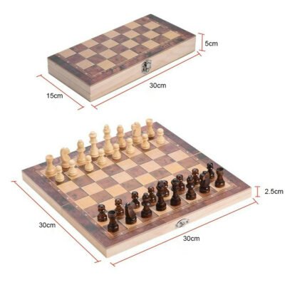 3 IN 1 Wooden Chess Set Folding Chessboard Wood Pieces Draughts Backgammon Toy - Image 7