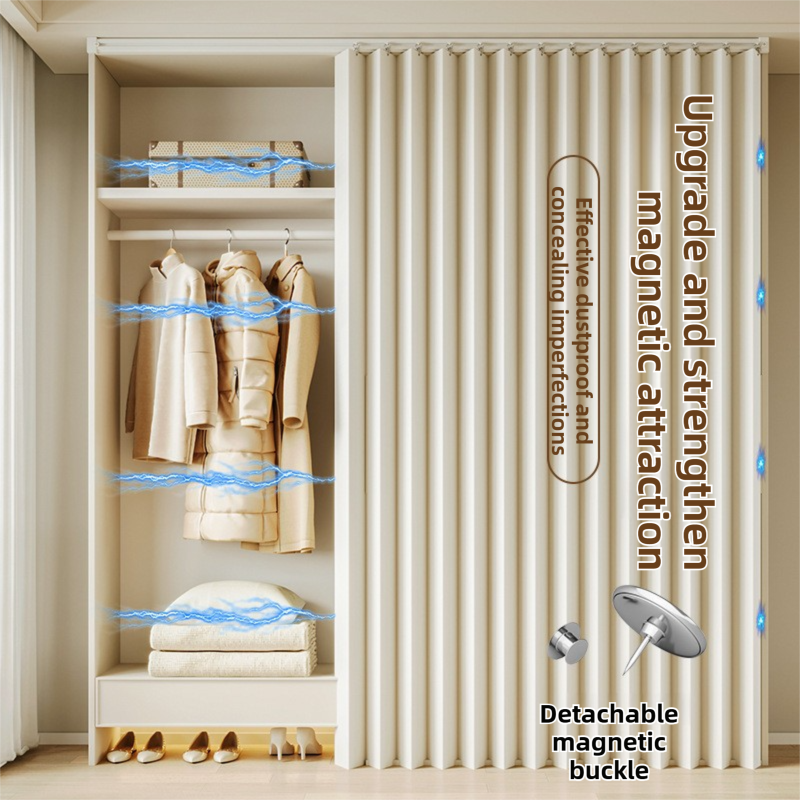 150 X 180 CM Light Gray Linen-Look Dust Drill-Free Pull-Curtain - Folding Doorless Closet Divider with Magnetic Closure & Hanging Rings - Image 4