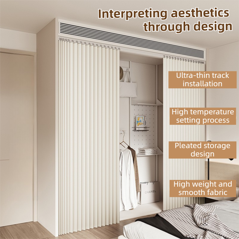 150 X 180 CM Light Gray Linen-Look Dust Drill-Free Pull-Curtain - Folding Doorless Closet Divider with Magnetic Closure & Hanging Rings - Image 5